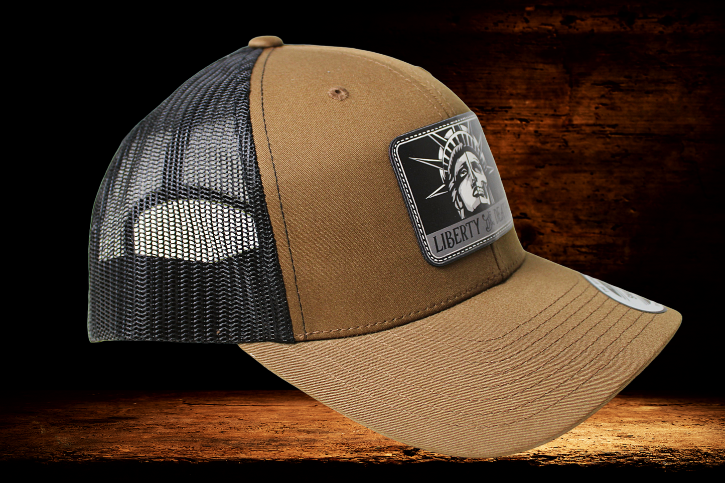 Brown and black hat with Liberty or Death patch