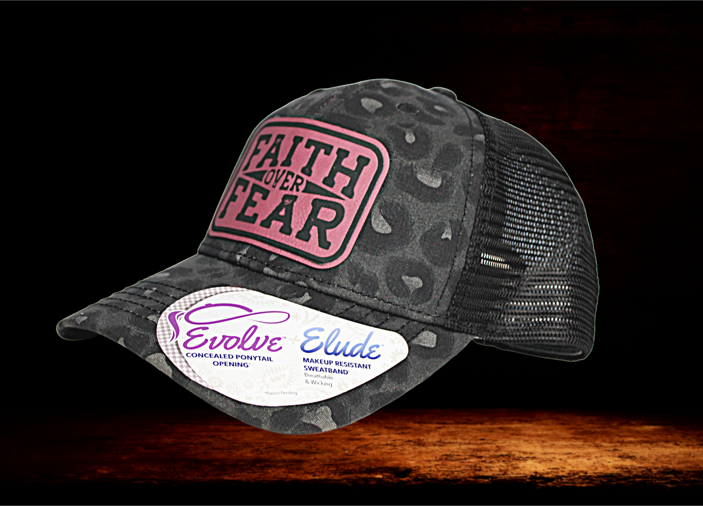 Infinity Black Leopard print Ponytail Hat, with pink "Faith over Fear" patch