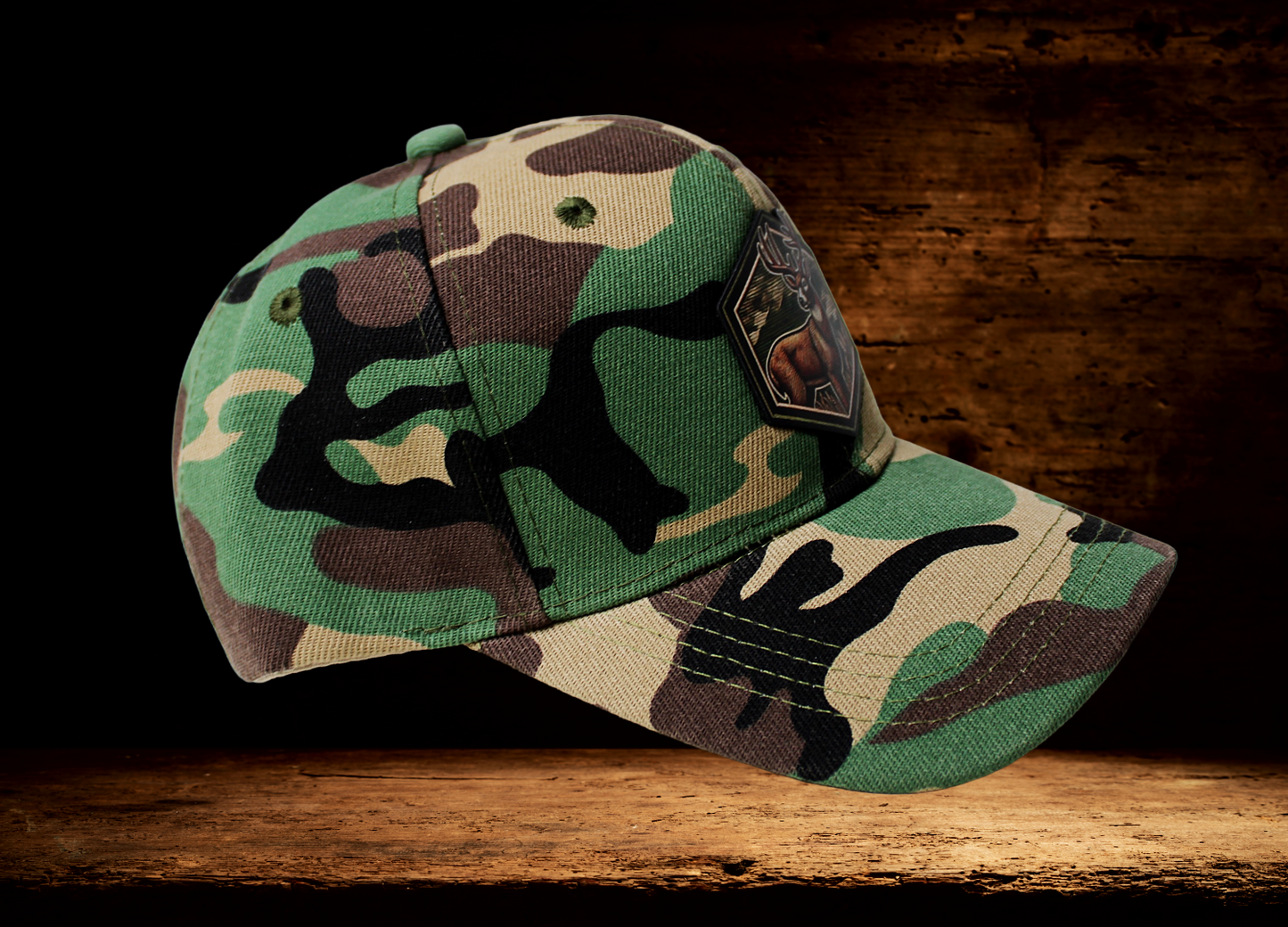 Low profile camo hat with colorful deer patch