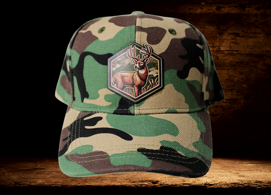 Low profile camo hat with colorful deer patch