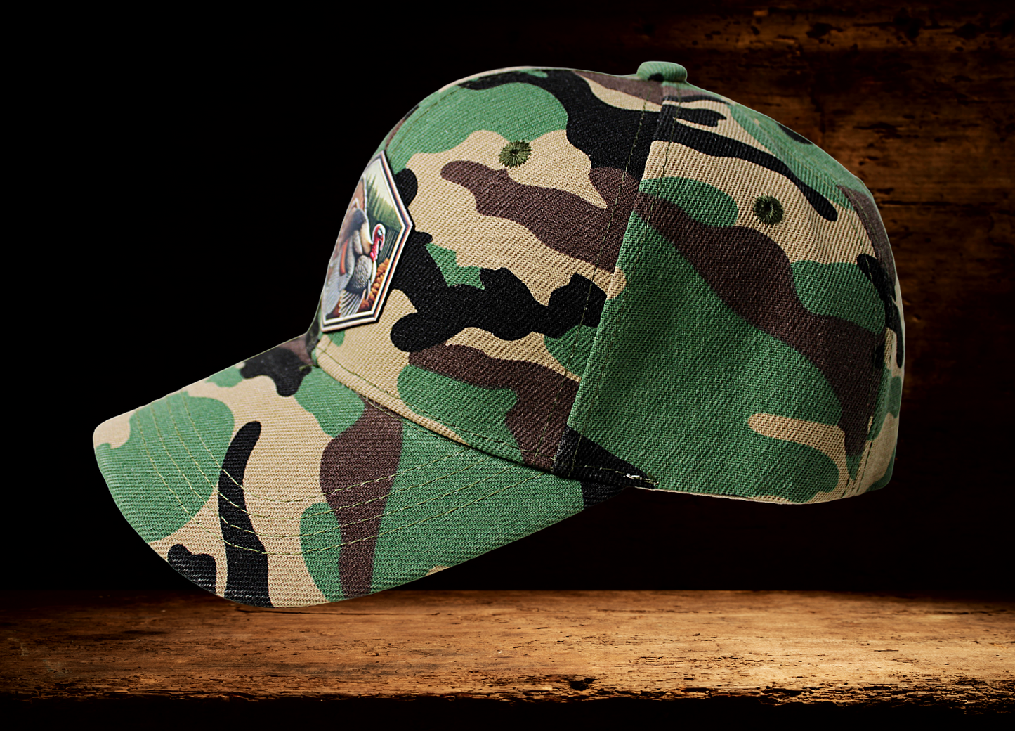 Camo, low profile hat with colorful Turkey patch