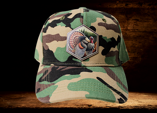 Camo, low profile hat with colorful Turkey patch