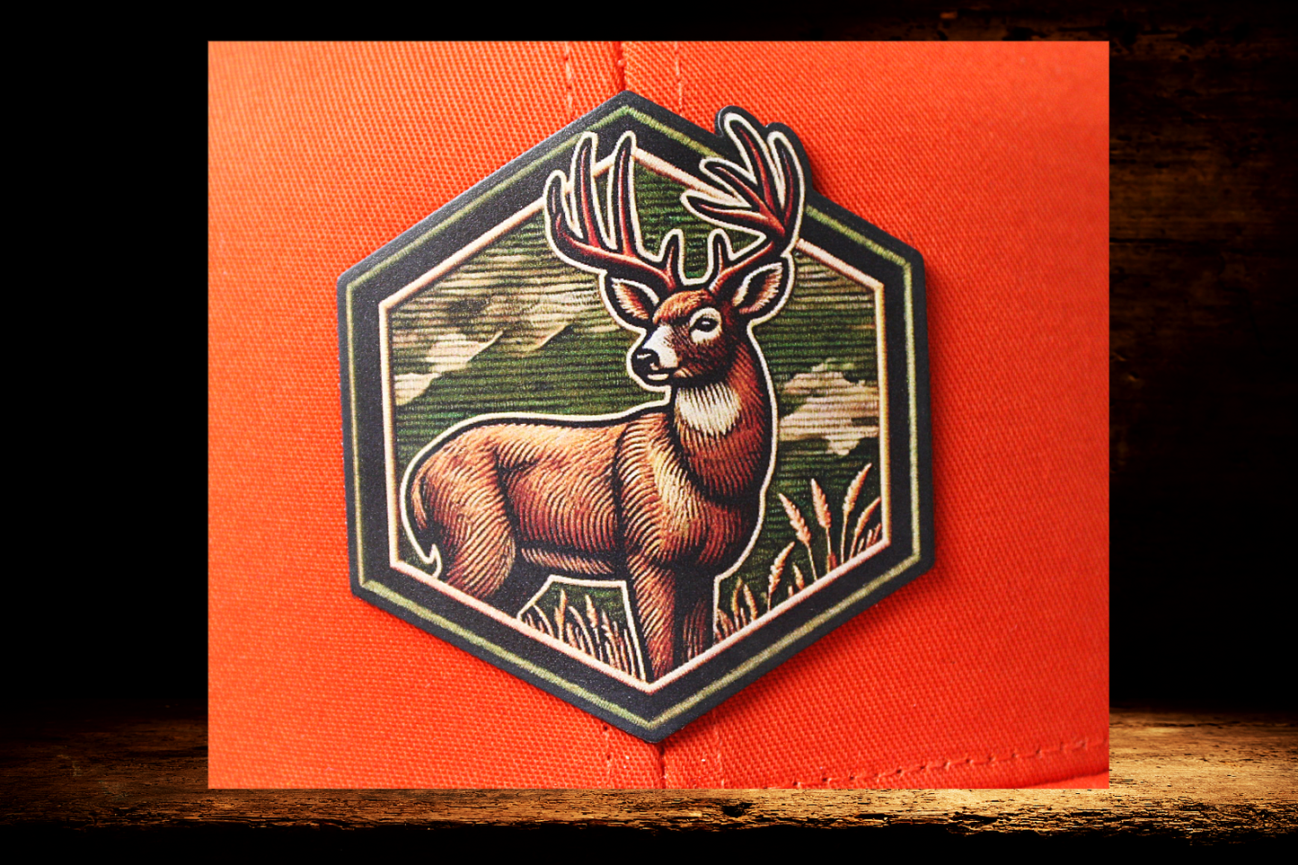 Hunting orange hat with colorful deer patch