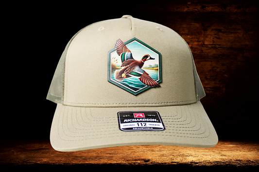 Flying duck portrait on khaki hat