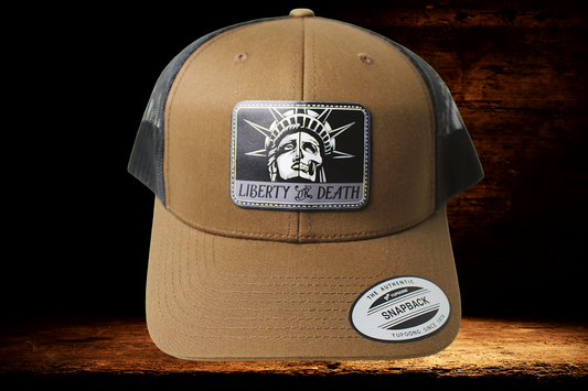 Brown and black hat with Liberty or Death patch
