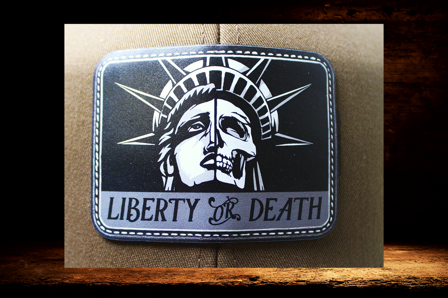 Brown and black hat with Liberty or Death patch