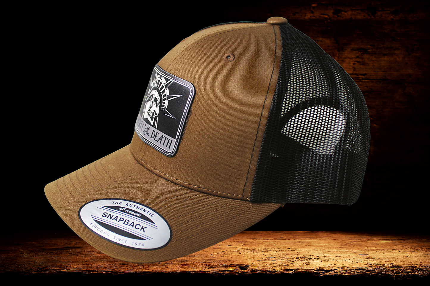 Brown and black hat with Liberty or Death patch