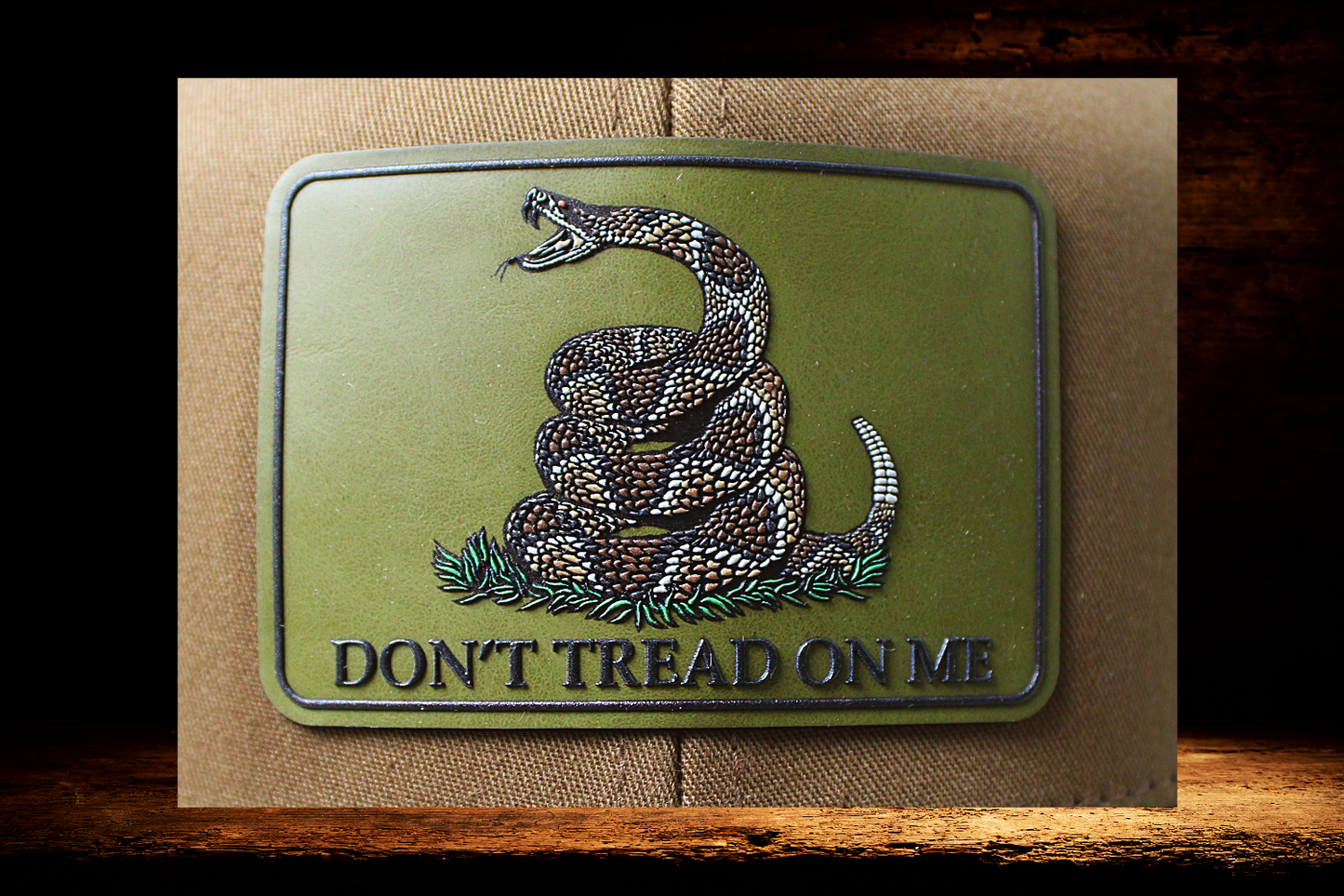 Brown and Black hat with Don't Tread on Me Snake patch