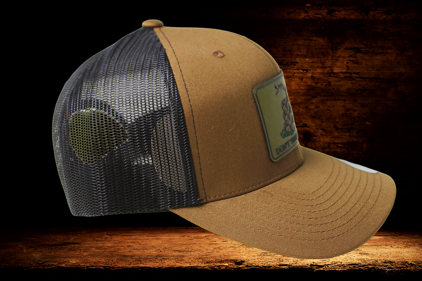 Brown and Black hat with Don't Tread on Me Snake patch